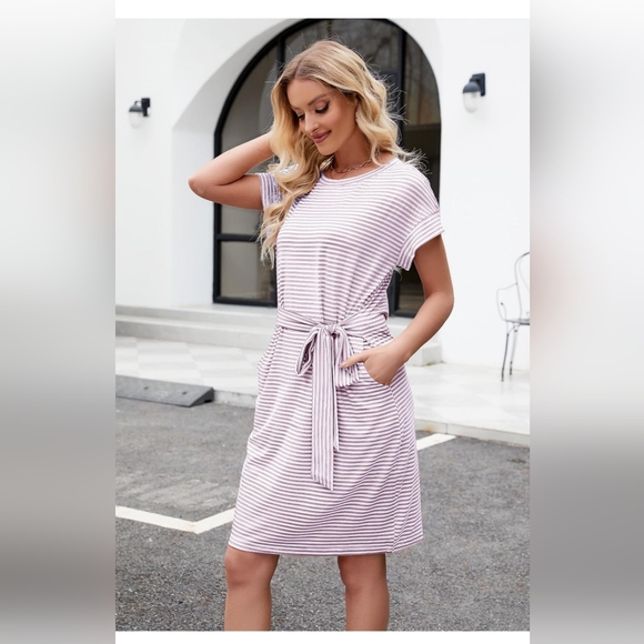Women's Summer Striped Short Sleeve T Shirt Dress Casual Tie Waist - Picture 5 of 5